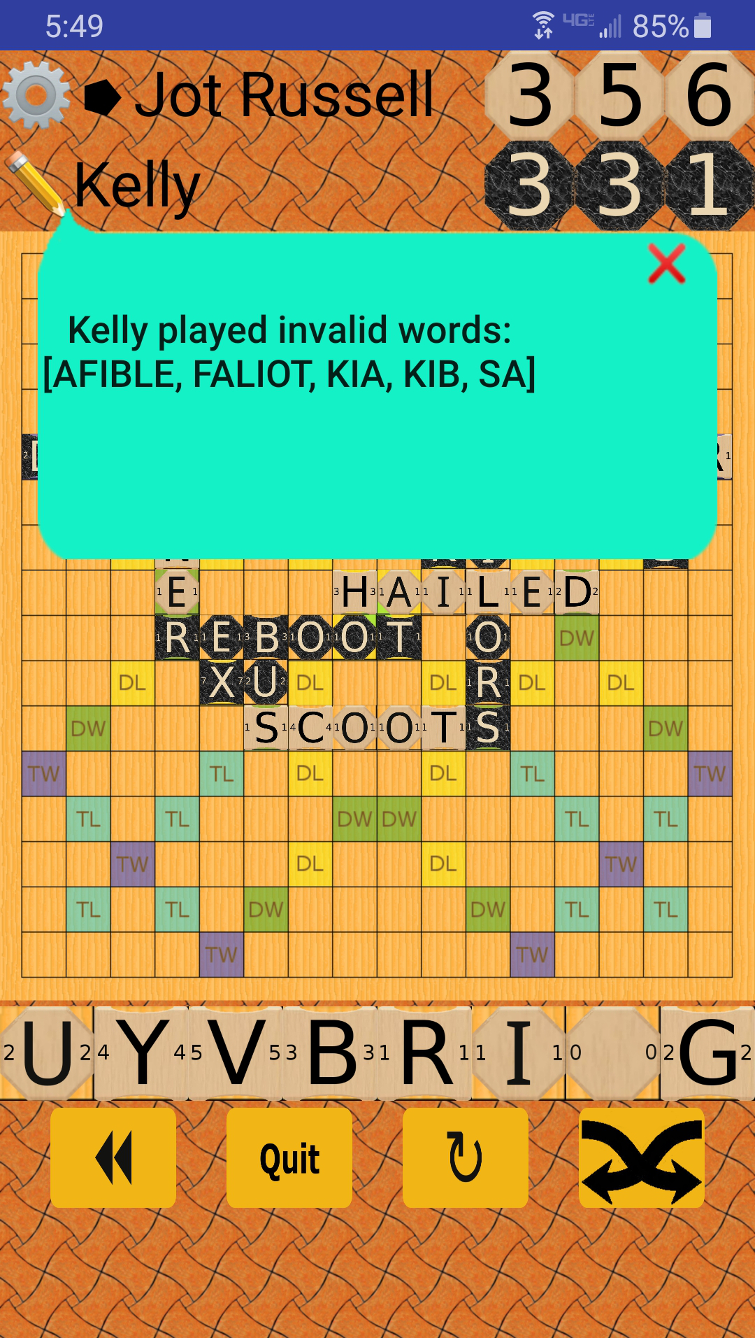 Shows bogus words attempted by opponent